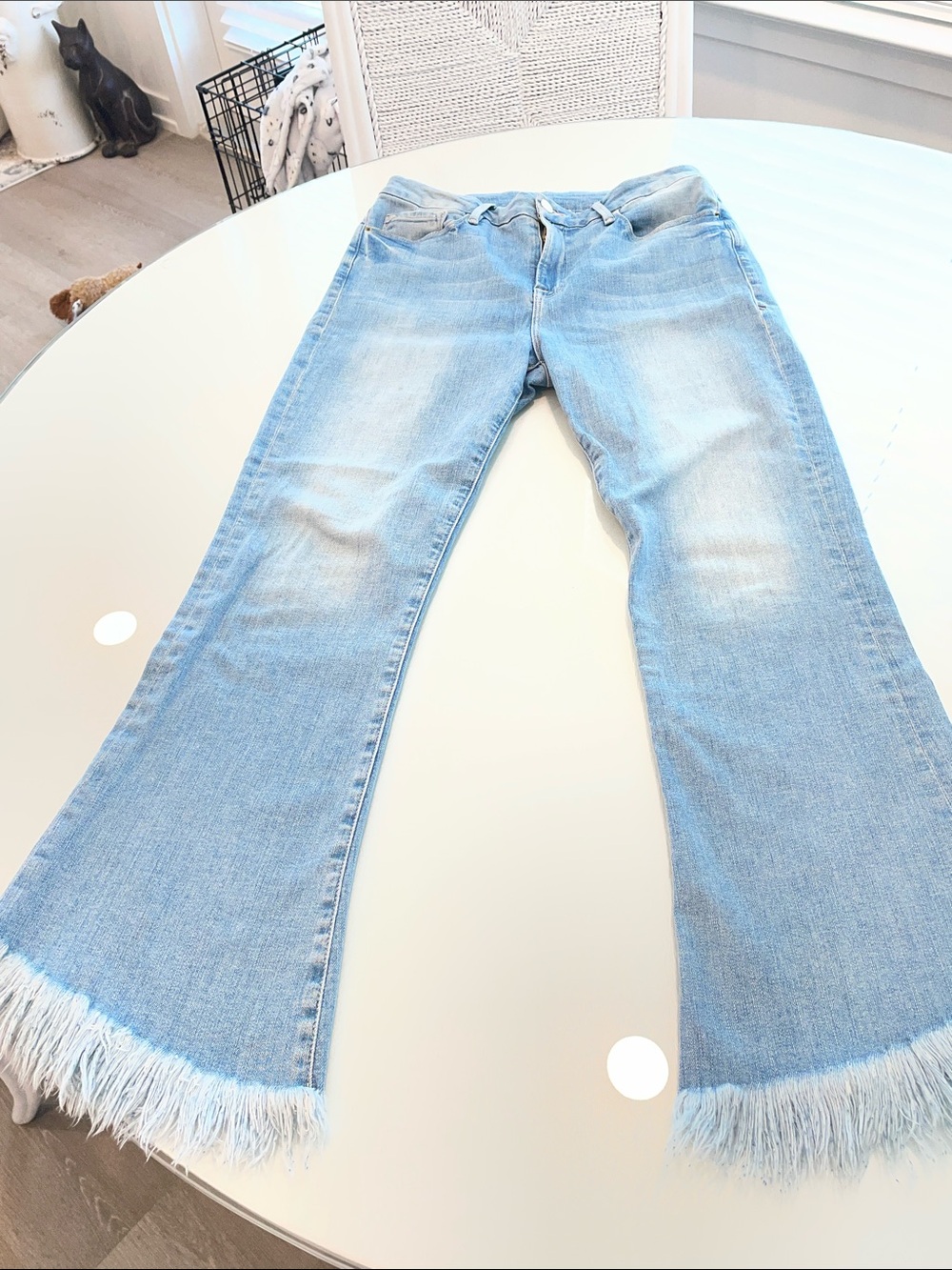 Frame Denim Light Blue Frayed Hem Flare Jeans